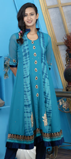 Blue color Kurti in Georgette fabric with Embroidered, Printed, Tye n Dye work