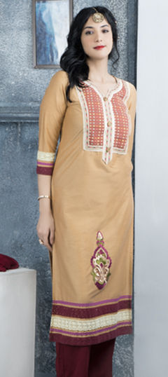 Beige and Brown color Kurti in Cotton fabric with Embroidered, Resham, Swarovski, Thread work