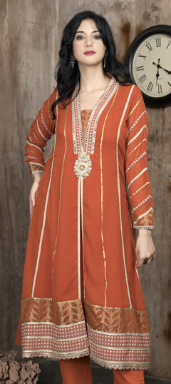 Beige and Brown color Kurti in Georgette fabric with Embroidered, Gota Patti, Printed work