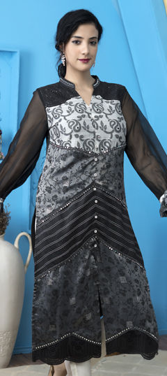 Black and Grey color Kurti in Chanderi Silk fabric with Mirror, Sequence work