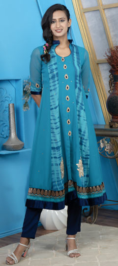 Blue color Salwar Kameez in Georgette fabric with Embroidered, Printed, Tye n Dye work