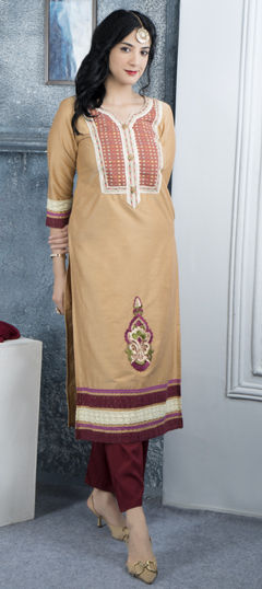 Beige and Brown color Salwar Kameez in Silk cotton fabric with Embroidered, Resham, Swarovski, Thread work