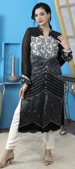 Black and Grey color Salwar Kameez in Chanderi Silk fabric with Mirror, Sequence work