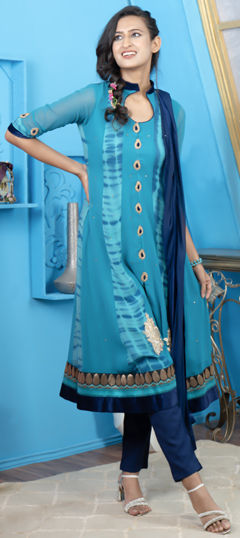Blue color Salwar Kameez in Georgette fabric with Embroidered, Printed, Tye n Dye work