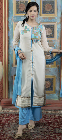 White and Off White color Salwar Kameez in Georgette fabric with Embroidered, Resham, Thread work