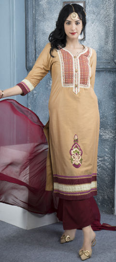 Beige and Brown color Salwar Kameez in Cotton fabric with Embroidered, Resham, Swarovski, Thread work