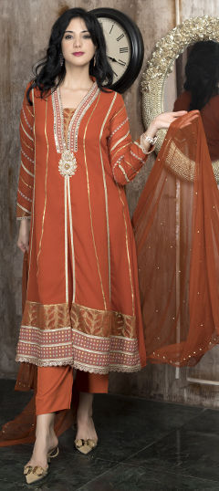 Beige and Brown color Salwar Kameez in Georgette fabric with Embroidered, Gota Patti, Printed work