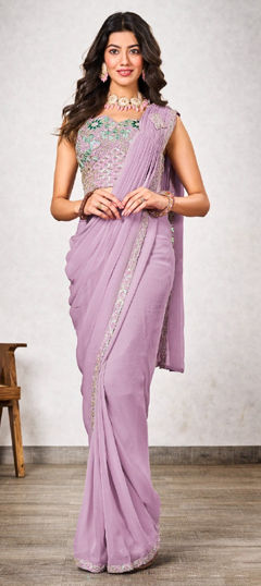 Pink and Majenta color Readymade Saree in Georgette fabric with Embroidered, Resham, Thread work