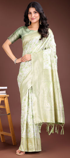 Green color Saree in Cotton, Linen fabric with Weaving work
