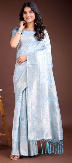 Blue color Saree in Cotton, Linen fabric with Weaving work