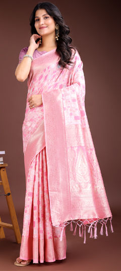 Pink and Majenta color Saree in Cotton, Linen fabric with Weaving work