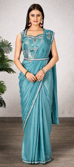 Blue color Readymade Saree in Georgette fabric with Embroidered, Resham, Thread work