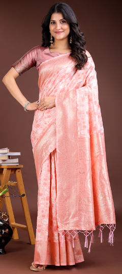 Pink and Majenta color Saree in Cotton, Linen fabric with Weaving work