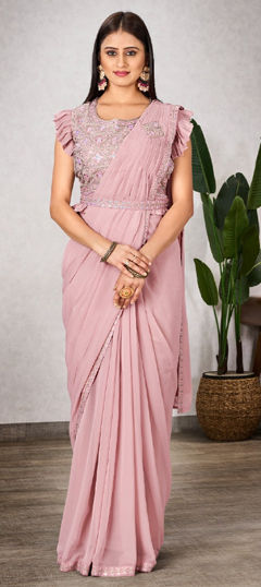 Pink and Majenta color Readymade Saree in Georgette fabric with Embroidered, Resham, Thread work