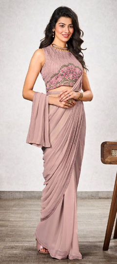 Pink and Majenta color Readymade Saree in Georgette fabric with Embroidered, Resham, Thread work