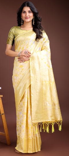 Yellow color Saree in Cotton, Linen fabric with Weaving work