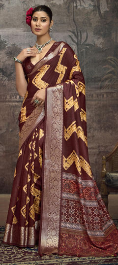 Red and Maroon color Saree in Silk fabric with Printed, Weaving work