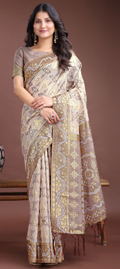 Beige and Brown color Saree in Cotton fabric with Weaving work