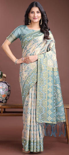 Green color Saree in Cotton fabric with Weaving work