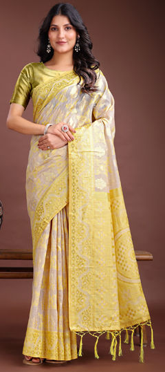 Yellow color Saree in Cotton fabric with Weaving work