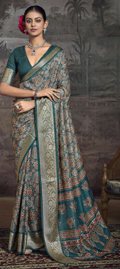 Blue color Saree in Silk fabric with Printed, Weaving work