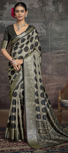 Beige and Brown color Saree in Silk fabric with Printed, Weaving work