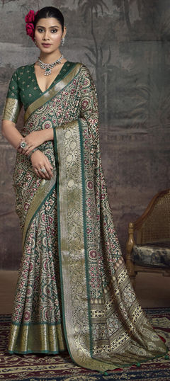 Green color Saree in Silk fabric with Printed, Weaving work