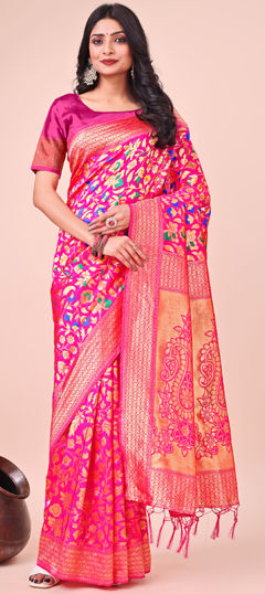 Pink and Majenta color Saree in Art Silk fabric with Weaving work
