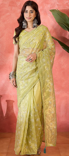 Yellow color Saree in Net fabric with Embroidered, Sequence, Thread work