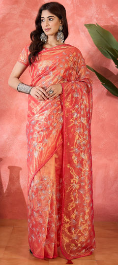 Red and Maroon color Saree in Net fabric with Embroidered, Sequence, Thread work