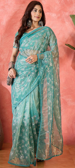Blue color Saree in Net fabric with Embroidered, Sequence, Thread work