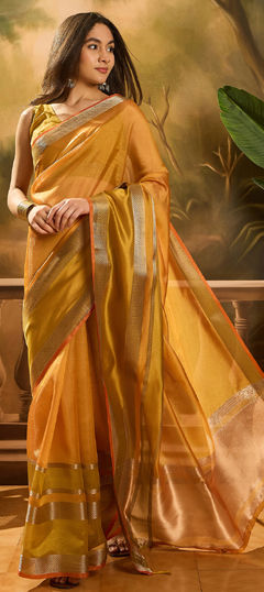Yellow color Saree in Organza Silk fabric with Weaving work