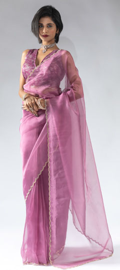 Pink and Majenta color Readymade Saree in Organza Silk fabric with Zircon work