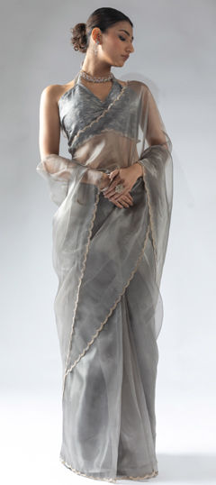 Black and Grey color Readymade Saree in Organza Silk fabric with Zircon work