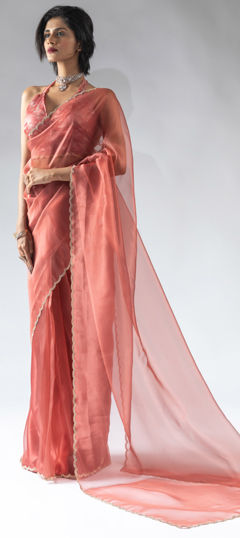 Red and Maroon color Readymade Saree in Organza Silk fabric with Zircon work