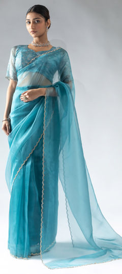 Blue color Readymade Saree in Organza Silk fabric with Zircon work