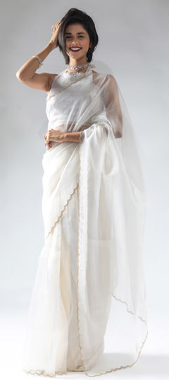White and Off White color Readymade Saree in Organza Silk fabric with Zircon work