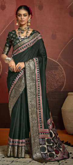 Black and Grey color Saree in Silk fabric with Printed, Weaving work