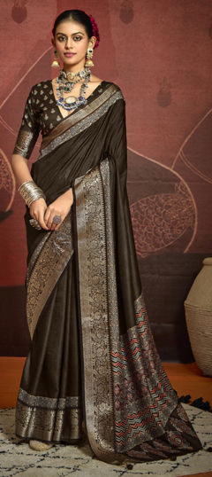 Red and Maroon color Saree in Silk fabric with Printed, Weaving work