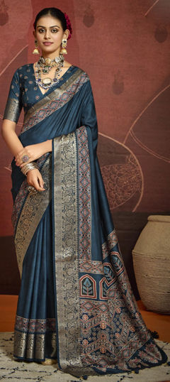 Blue color Saree in Silk fabric with Printed, Weaving work