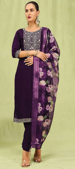 Purple and Violet color Salwar Kameez in Viscose fabric with Embroidered, Thread work