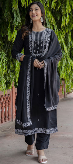 Black and Grey color Salwar Kameez in Viscose fabric with Embroidered, Thread work