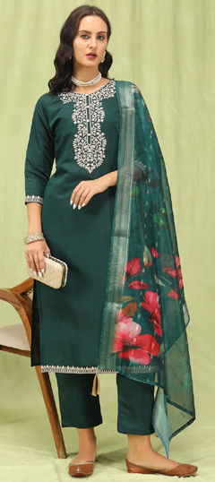 Green color Salwar Kameez in Viscose fabric with Embroidered, Thread work
