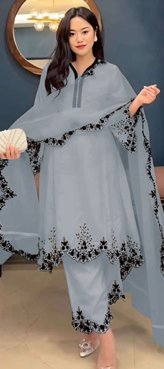 Black and Grey color Salwar Kameez in Faux Georgette fabric with Embroidered, Resham, Thread work