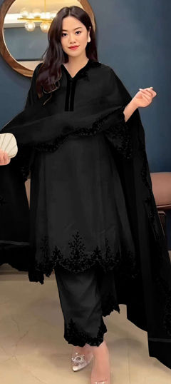 Black and Grey color Salwar Kameez in Faux Georgette fabric with Embroidered, Resham, Thread work