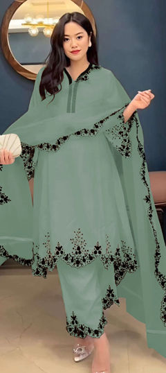 Green color Salwar Kameez in Faux Georgette fabric with Embroidered, Resham, Thread work