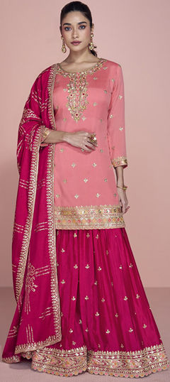 Pink and Majenta color Salwar Kameez in Chinon Silk fabric with Embroidered, Sequence, Thread work