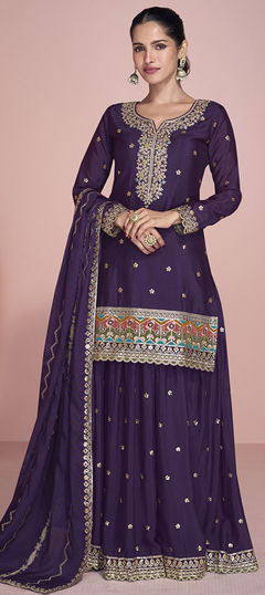 Purple and Violet color Salwar Kameez in Chinon Silk fabric with Embroidered, Sequence, Thread work