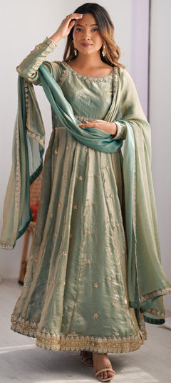 Green color Salwar Kameez in Art Silk fabric with Sequence, Thread, Zari work