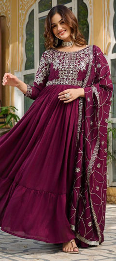 Red and Maroon color Gown in Silk fabric with Embroidered, Sequence work